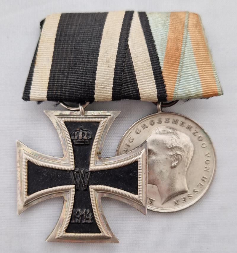 Court mounted 1914 Iron Cross Second Class and Hesse-Darmstadt, Grand Duchy Silver Bravery Medal.
